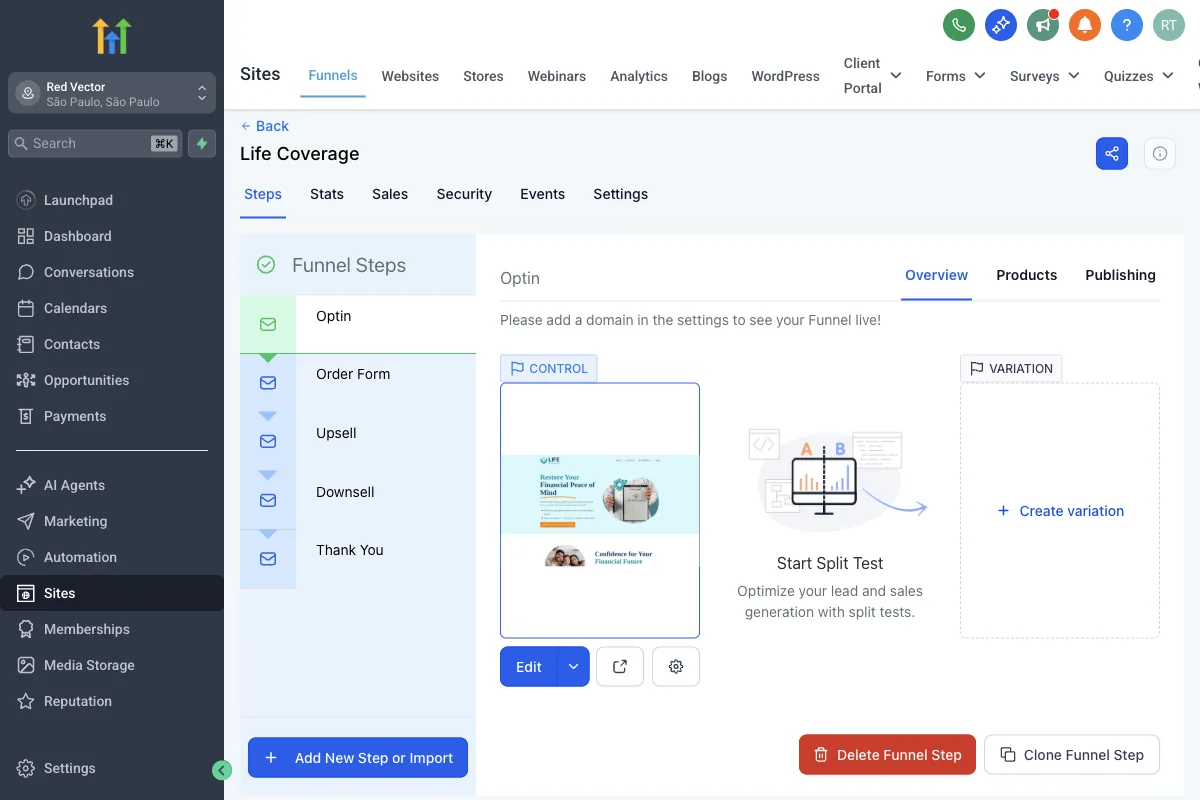 Editor de funis drag-and-drop do GoHighLevel com template de landing page